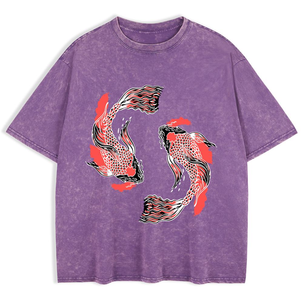 Japanese Koi Harajuku Prints Washed T-Shirts Mens Cotton Short Sleeve Tops Summer Oversize T Shirt Basic Male Clothes