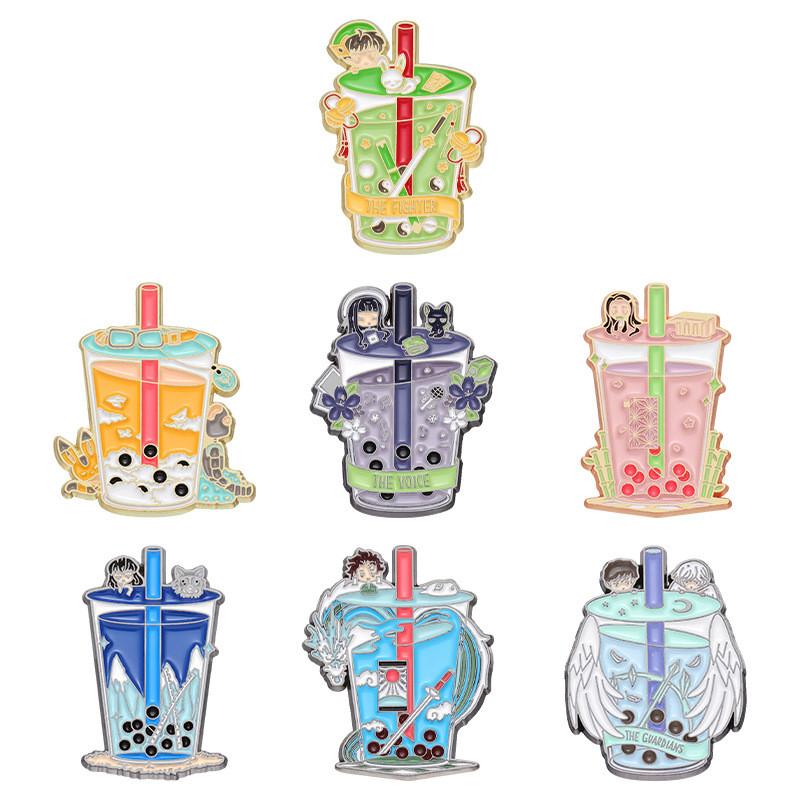 Creative Anime Inspired Pearl Milk Tea Cup Brooch Colorful Metal Accessory For Fashionable Outfits