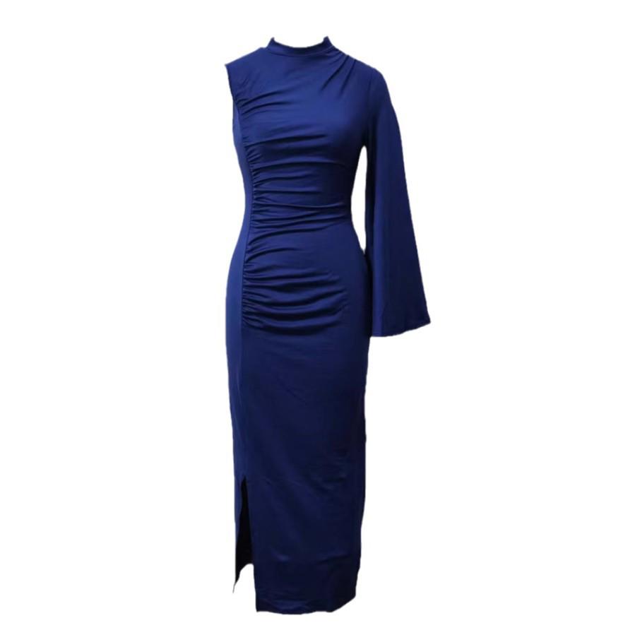 European and American Autumn/Winter Women's Solid Bell Sleeve Slit Dress