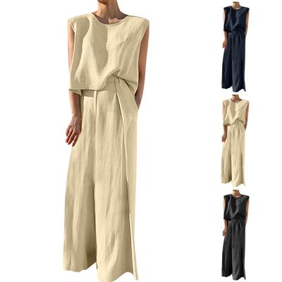 Moda Kadın Rahat Kolsuz Kazak Pamuk Keten Geniş Bacak Pantolon Düz Renk Takım Elbise