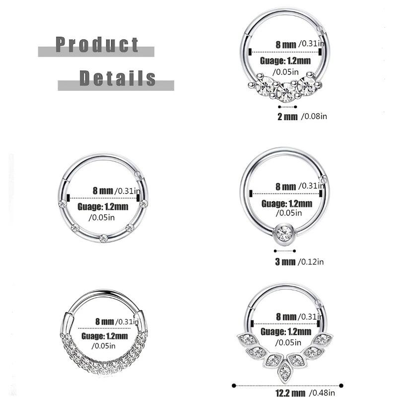 1/5pcs 16G Fashion 316L Stainless Steel CZ Hinged Septum Clicker Nose Hoop Rings, Daith Helix Tragus Cartilage Piercing Jewelry