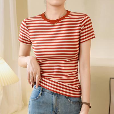 Striped T-shirt for Women's Summer Short-sleeved New Pure Cotton Retro Top Slim-fitting Slim Base Shirt