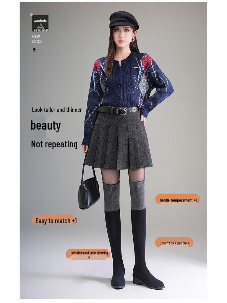 Women's 2025 Autumn/Winter High-Waisted Pleated Wool A-line Mini Skirt