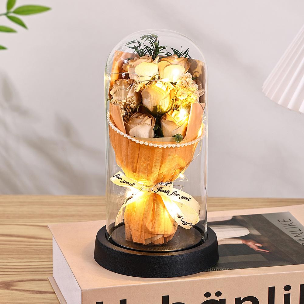 Qixi Festival Valentine's Day Gift Pearl Yarn Eternal Flower Rose Glass Cover Creative Birthday Gift Ornament