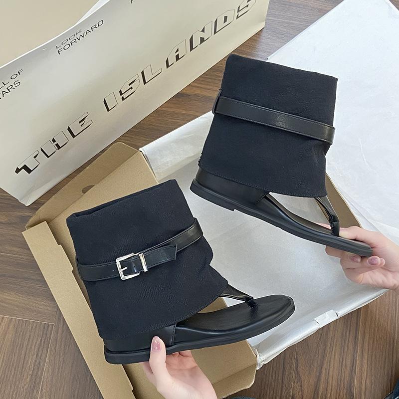 Mezzanine flat women's boots women's denim belt buckle middle help herringbone cool boots women's comfort