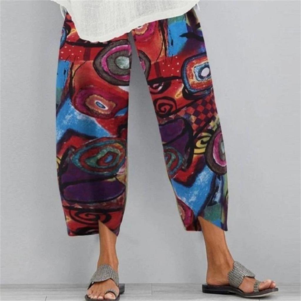 Women Lady Casual Flowers Print Elastic Girdle Waist Wide Leg Pants Trousers