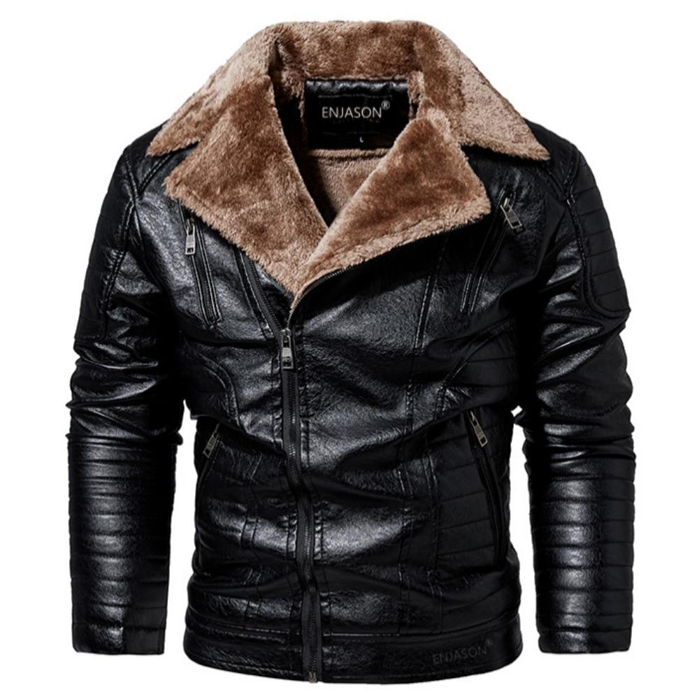 Men's Plus-Size European and American Style Fleece-Lined PU Leather Jacket - One-Piece Fur Design for Winter