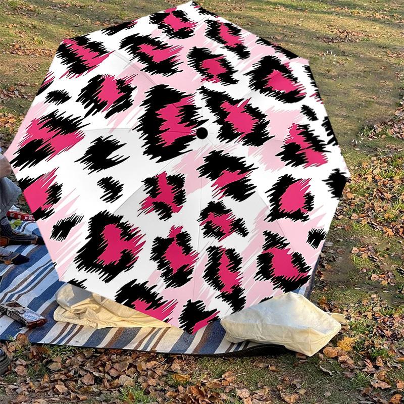1PC Leopard Print Pink Umbrella-8-Rib Reinforced, Automatic Open, Lightweight & Durable, Cute Fashion Accessory for Outdoor-A1310