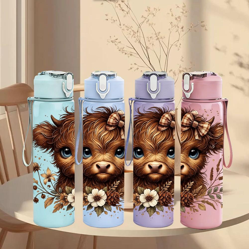 1PC Baby Highland Cow Flower Print 750ml Color Plastic Sports Water Bottle Leakproof Flip Straw Lid Suitable for Sports Office Home Use