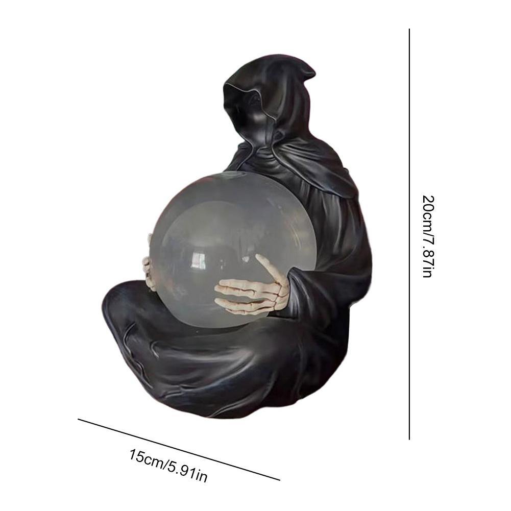 LED Grim Reaper Statue USB Charging Grim Reaper Water Globe Resin Spooky Sculpture Ornament for Halloween Party Decoration