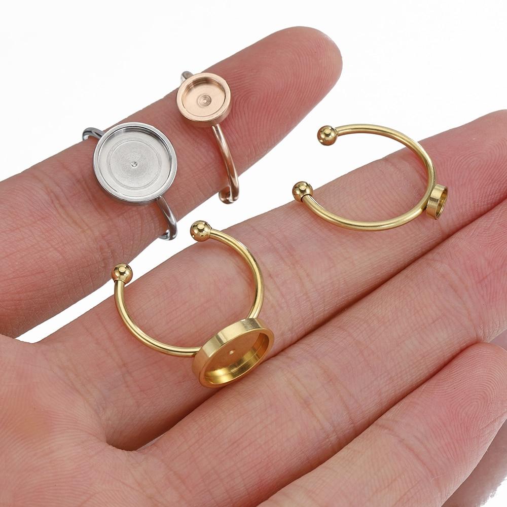 No Fade 5pcs Stainless Steel Adjustable Open Ring Base Cabochon Cameo Blank Settings Glass Bezel Jewelry Making Accessories