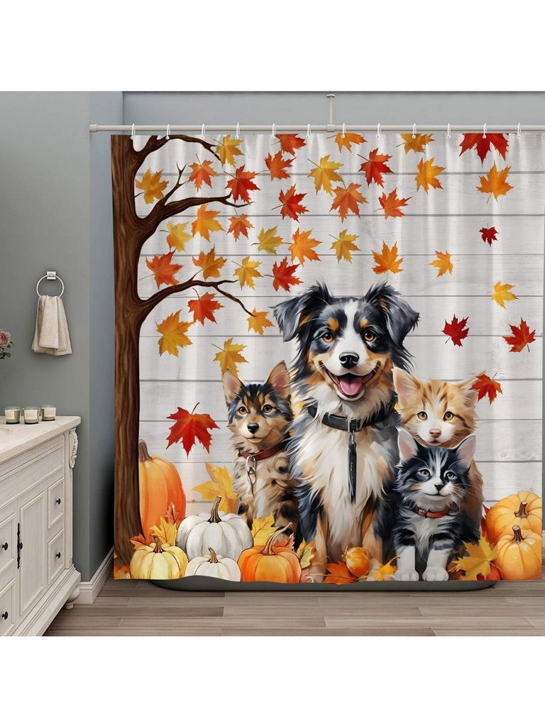 Autumn Maple Leaf Pumpkin Shower Curtain Dog Cat Fall Thanksgiving Day Harvest Festival Retro Farmhouse Wood Board Polyester