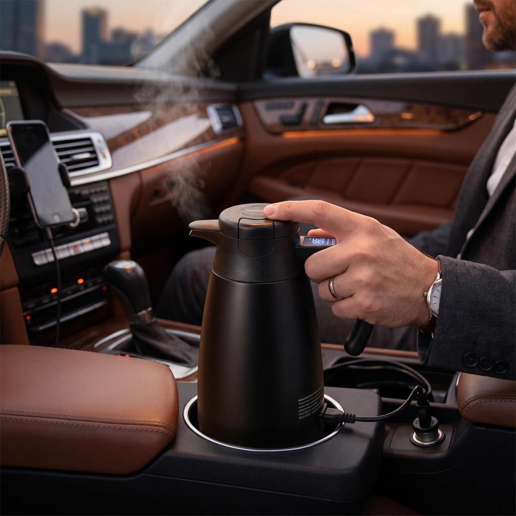 Vehicle Electric Kettle 1200ml with Digital Display for Commuters, Road Trips