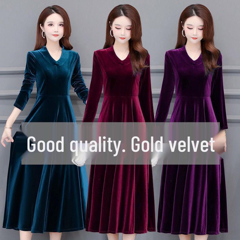 Elegant Gold Velvet Cheongsam: Thick, Fashionable Long Dress for Spring and Autumn
