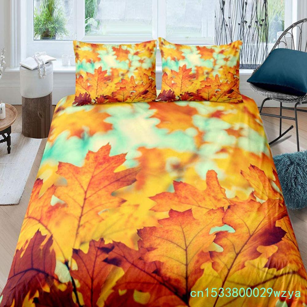 Maple Leaves Polyester Duvet Cover Set Fall Theme Comforter Cover With Pillowcase King Queen Size For Kids Boys Girl Bedding Set