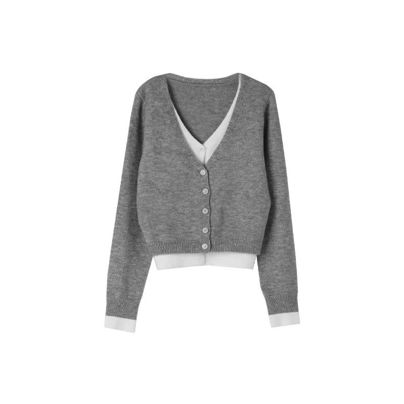 Elegant V Neck Patchwork Sweater Women Long Sleeve Knit Cardigan Jackets Casual Fake Two-Piece Short Coats Outwear Solid Color Soft Retro Sweaters