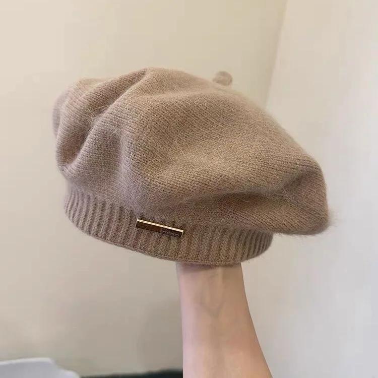 

Корейская версия Простой берет из натурального меха кролика, универсальный для осени и зимы, для улицы, вязаная шапка художника M56-58cm хаки