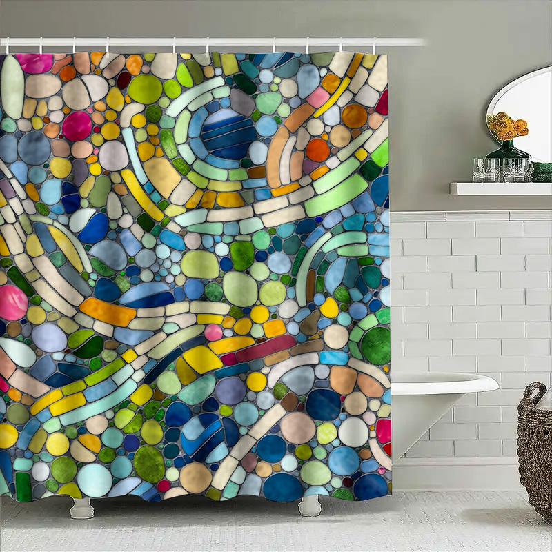 Blue White Geometric Shower Curtain Modern Decor For Bathroom Easy Installation Made With 100% Waterproof Fabric