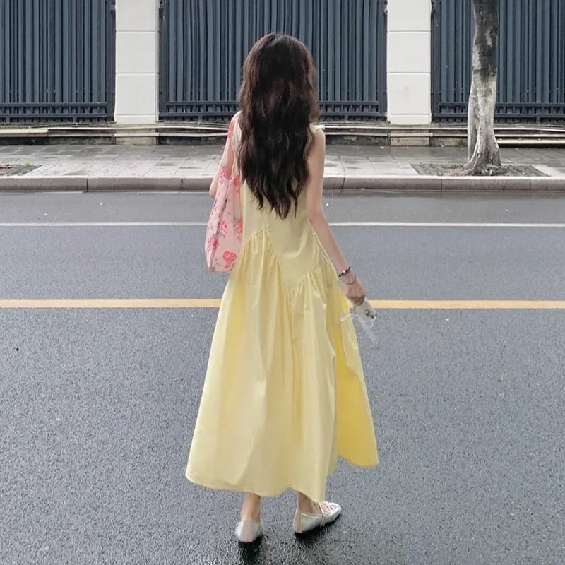 French Temperament Sleeveless Vest Dress Light Yellow Women's Summer Dopamine Sweet Age-reducing A-word Long Skirt