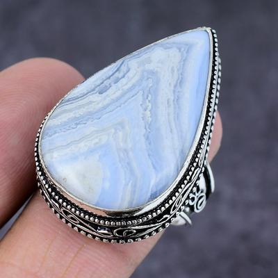 Natürlicher blauer Spitzenachat-Edelstein, handgefertigt, 925er Sterlingsilber, Ringgröße 7, y0n23