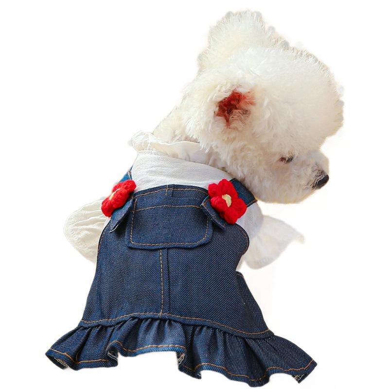Pet circle dog cat clothes pocket skirt collection denim flower medium and small dog small red flower strap dress