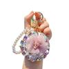 Women Folding Mirror Keychain Portable Make-up Mirror Pendant Rhinestones Faux Pearl Double-Sided Mirror
