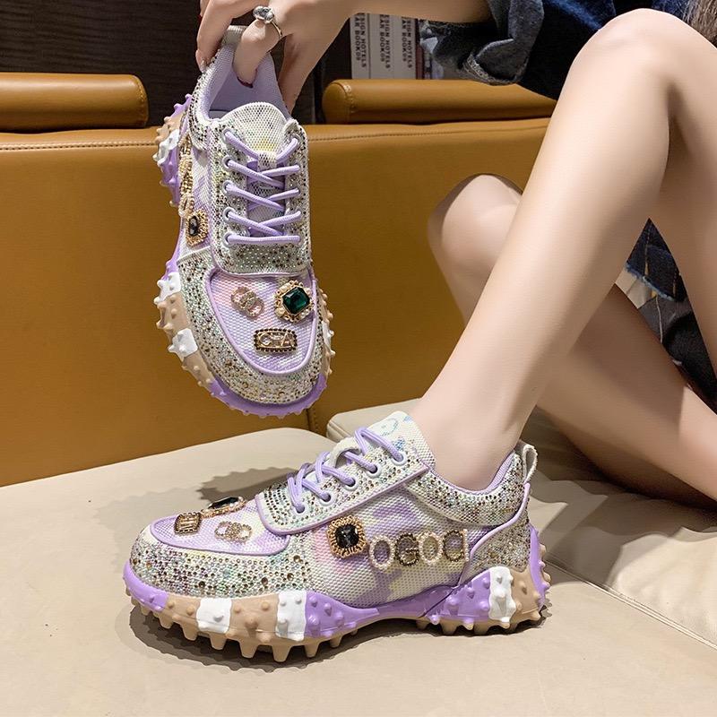 Women Sneakers Mesh Breathable Casual Luxury Rhinestone Lace Up Platform Vulcanized Shoes Zapatos Mujer