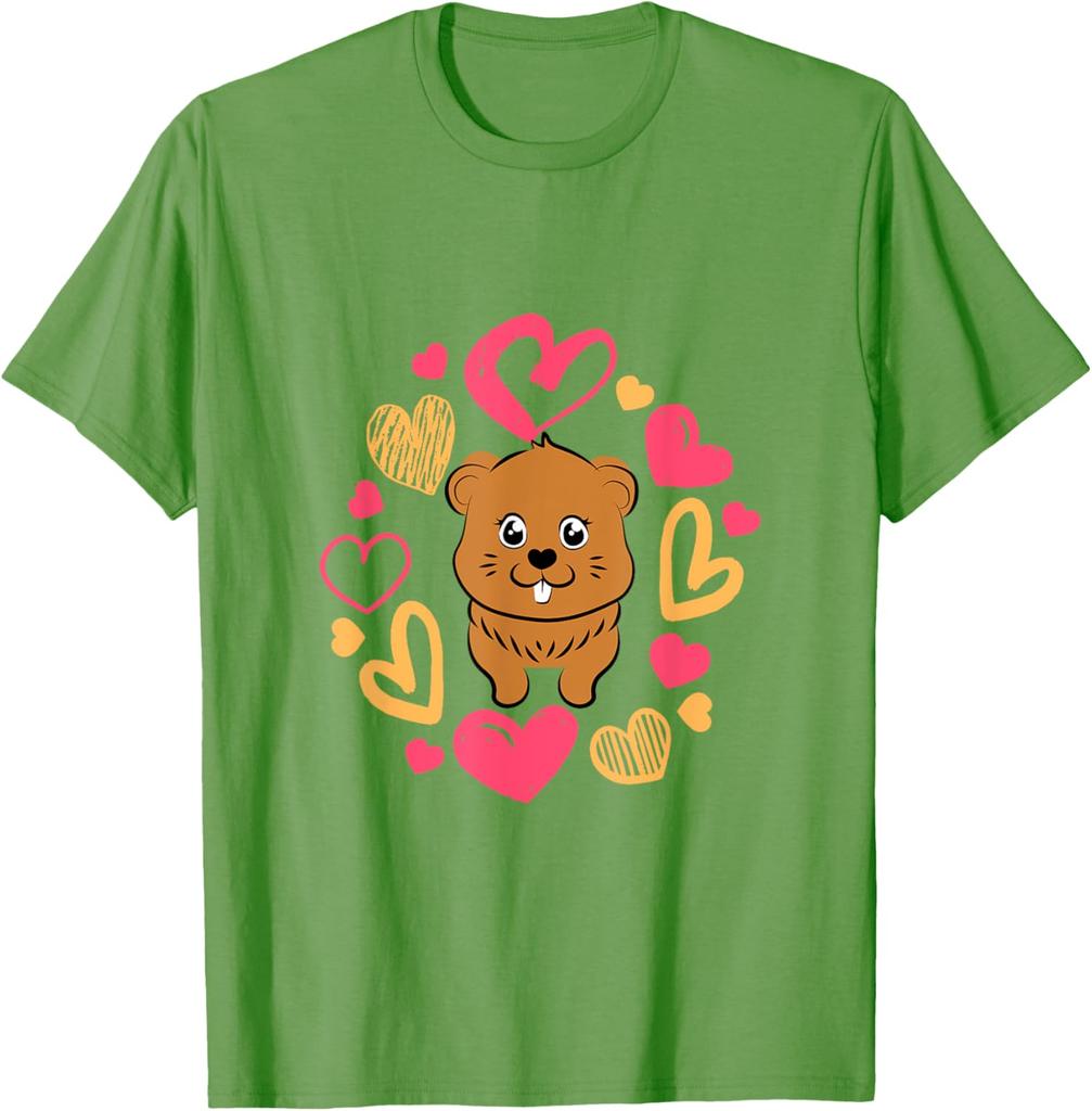 Niedliches Murmeltiertag Murmeltier Liebende Herzen Grafik T-Shirt Lässiges Kurzarm T-Shirt
