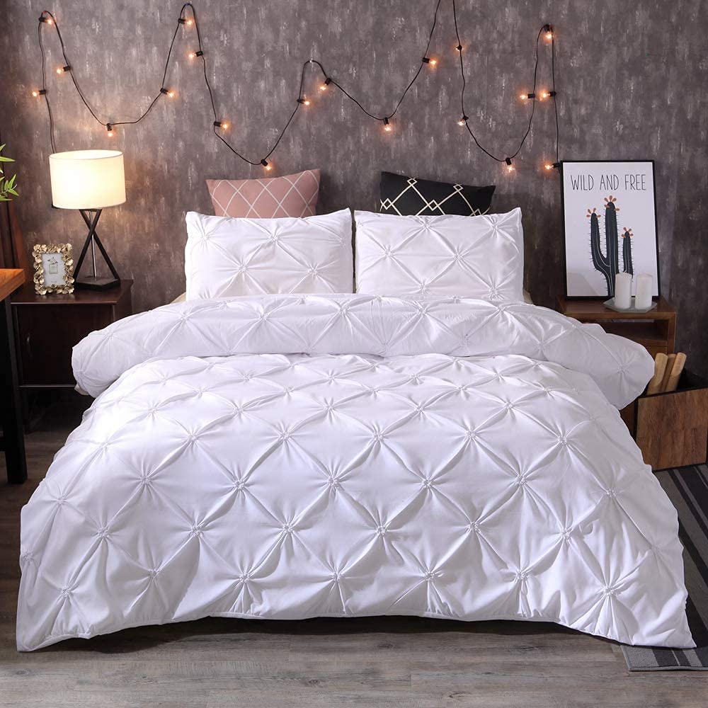 Feelyou Raffung Bettbezug Set King Size Lila Pinch Pleat Bettbezug Tuft-Design Bettwäsche Set Reißverschluss Weiches Polyester Bettdeckenbezug mit
