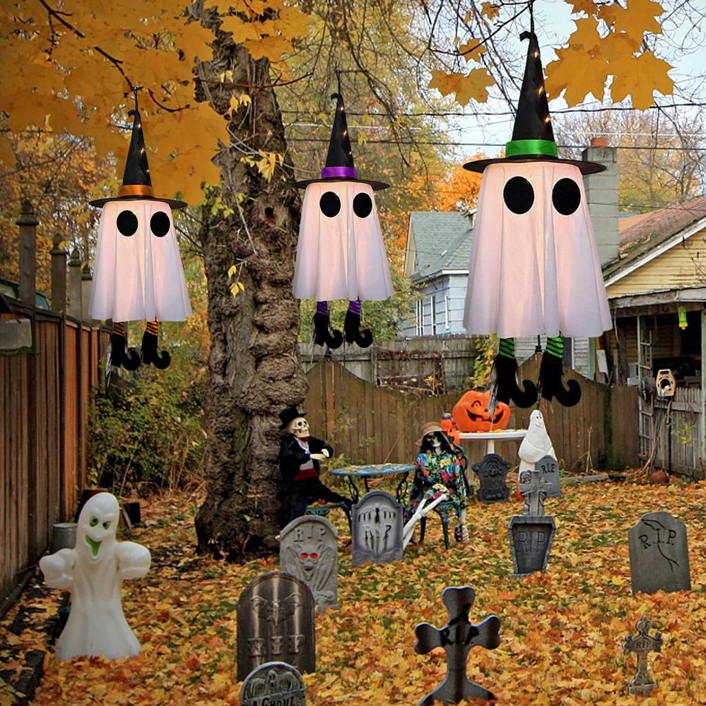 Halloween Decorations 3pcs Outdoor Hanging Luminous Ghost Witch Hat LED Light String Halloween Ghost Courtyard Garden Tree Decor