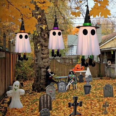 Halloween Decorations 3pcs Outdoor Hanging Luminous Ghost Witch Hat LED Light String Halloween Ghost Courtyard Garden Tree Decor