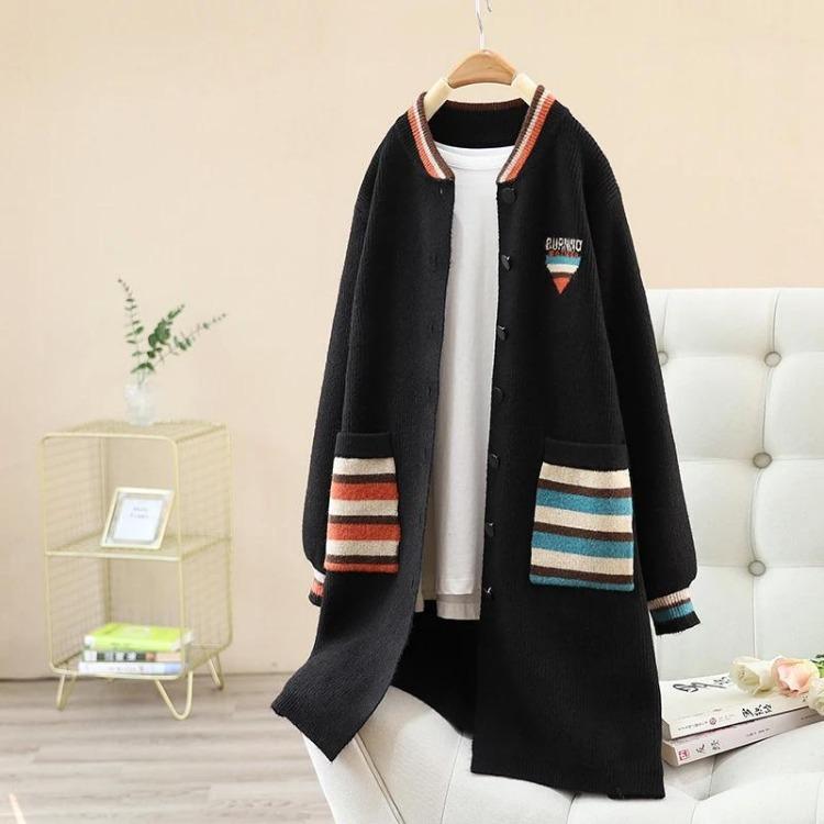 Thick Winter Mid-Length Sweater Coat Loose Fit Striped Knit Cardigan Warm Knitted Trench Coat