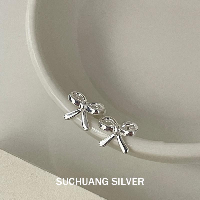 Sterling Silver Bow Stud Earrings - Sweet, Exquisite Korean Design for Girls 925 Silver серебряный