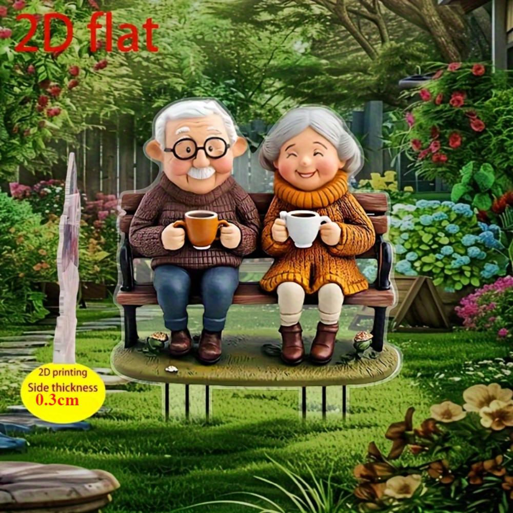 Romantische Bank für altes Paar 2D Flaches Acryl, Dekoriert, Geeignet für Garten, Außenbereich, Rasen, Geschenke, Weihnachten, Halloween