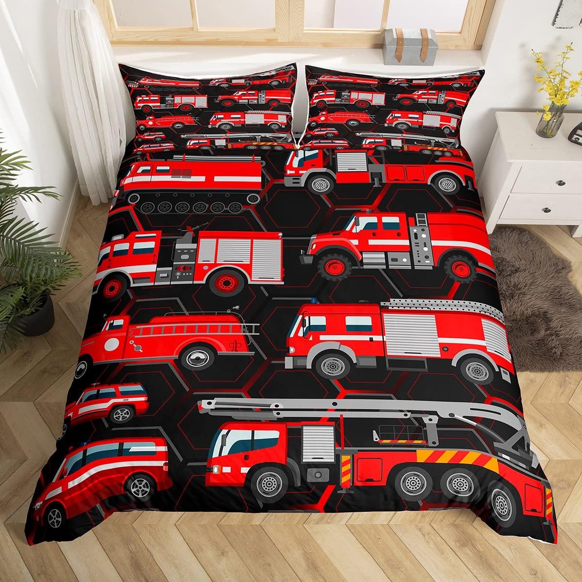 

Мультяшный пододеяльник «Пожарная машина» Полный Королева Король Красная машина Городские спасательные машины Постельный комплект, Пододеяльник с акварельным принтом пламени AU Single(140x210cm)