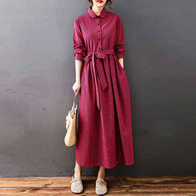 Women's Cotton and Linen Loose Fitting Plaid Mid Length Dress