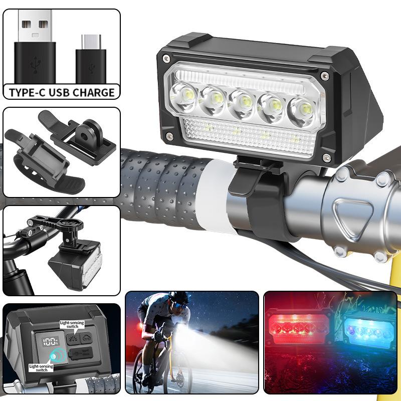 XTE LED Bicycle Headlight Light Sensor Dimmable with Red Blue Warning Light USB Rechargeable