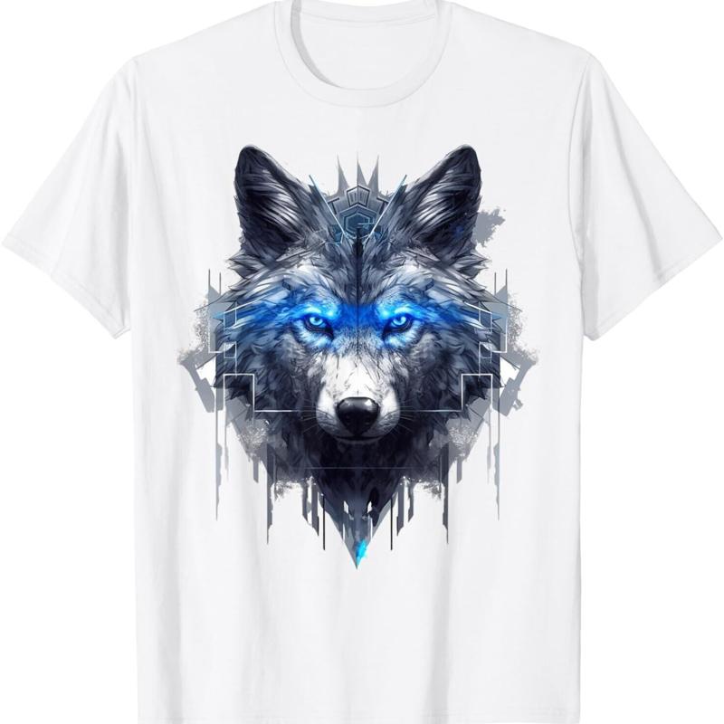 Fantasy wolf blue eyes artistic animal pattern wolf T shirt S разноцветный