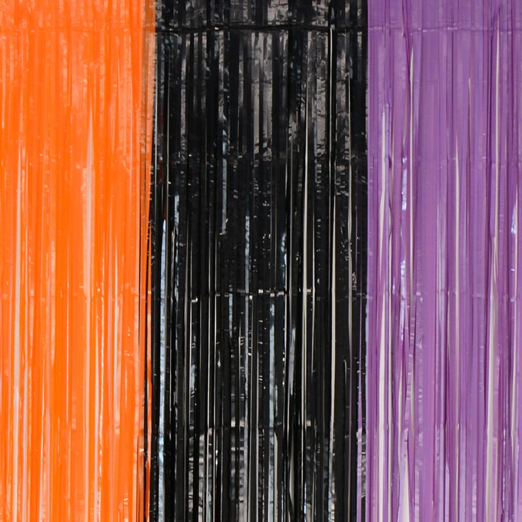 Tricolor Black And Orange With Purple Foil Fringe Curtain, 3.28FT X 6.56FT Door Curtains Photo Booth Back-drop For Halloween Party Decorations