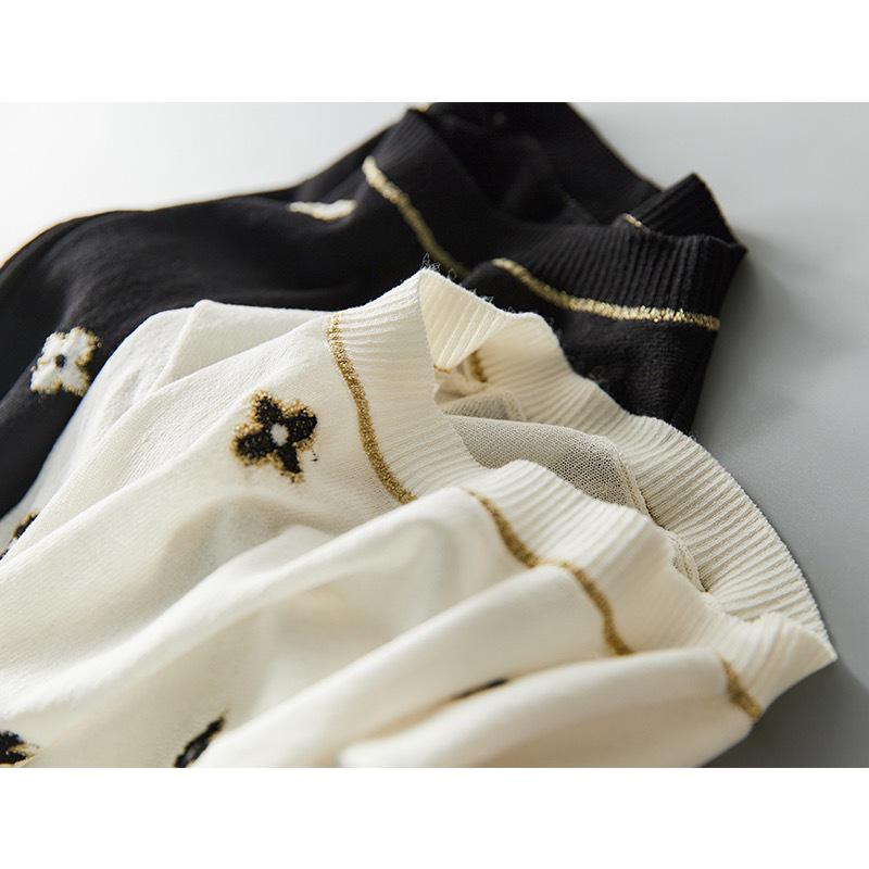 2024 Nouveau Style Femme Top Tricoté en Soie Glacée Brodé Trèfle à Quatre Feuilles Col Rond