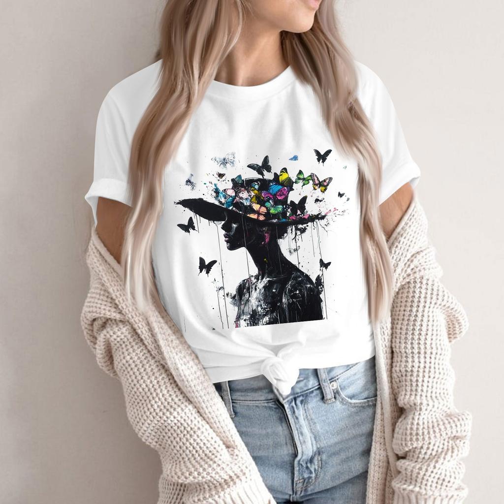 Dámské tričko s kulatým výstřihem pro volný čas s potiskem a krátkým rukávem