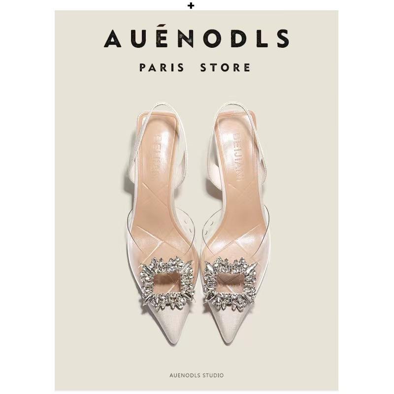 2025 Fashion Rhinestone Buckle Transparent Strap Pointed Toe High Heel Sandals for Women