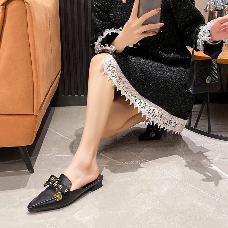 Women Shoes Fashion Leather Slipper Girl Pointed Toe Casual Sandals Street Beautiful Heels Slides