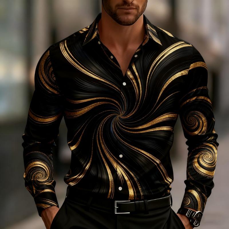 Camicia da uomo a maniche lunghe con stampa geometrica, elegante camicia button-down, moderno motivo a vortici e righe per l'uso quotidiano.