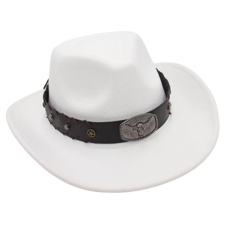 Gekreuztes Stierkopf-Abzeichen Zylinderhut Westlicher Cowboyhut Britischer Jazzhut Nationaler Stil Filzhut Ritterhut Elegant