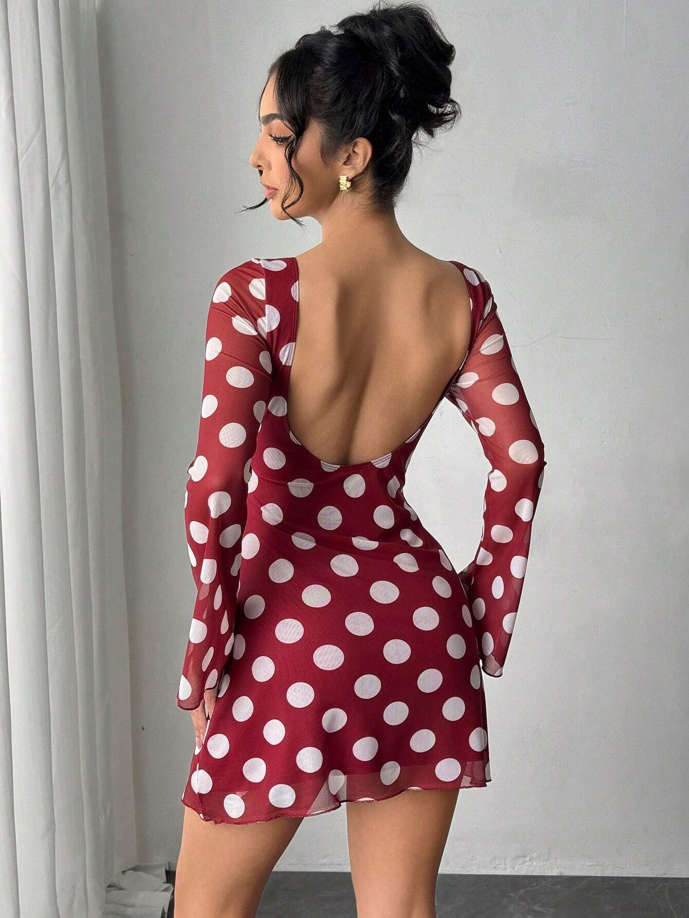 

Spring Summer Women Sexy Polka Dot Backless Mesh Bell Sleeve Mini Dress Mature Style French Retro Patchwork Slim Sexy Elegant Women Maxi Dress S красный