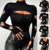 Damen Sexy Bluse Rollkragen Quadratischer Ausschnitt Enganliegendes T-Shirt Ausgeschnitten