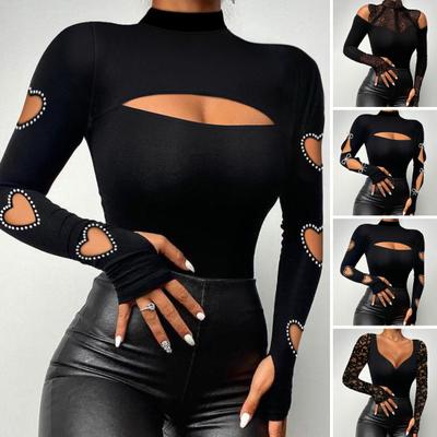 Woman Sexy Blouse Mock Neck Square Collar Slim Fit Tee Shirt Hollow