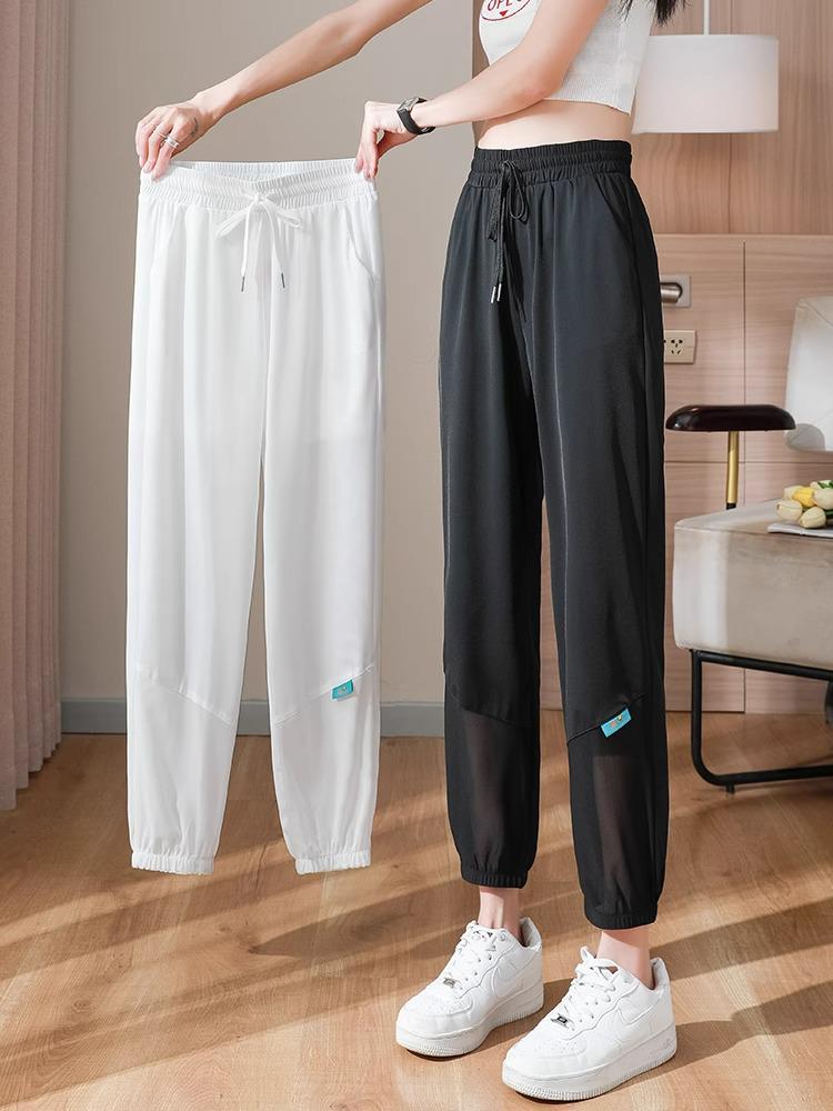 

Женские быстросохнущие гаремные брюки из ледяного шелка на кулиске - Свободные, с манжетами, утягивающие брюки длиной до щиколотки для бега и фитнеса на лето M (96-105 lbs)