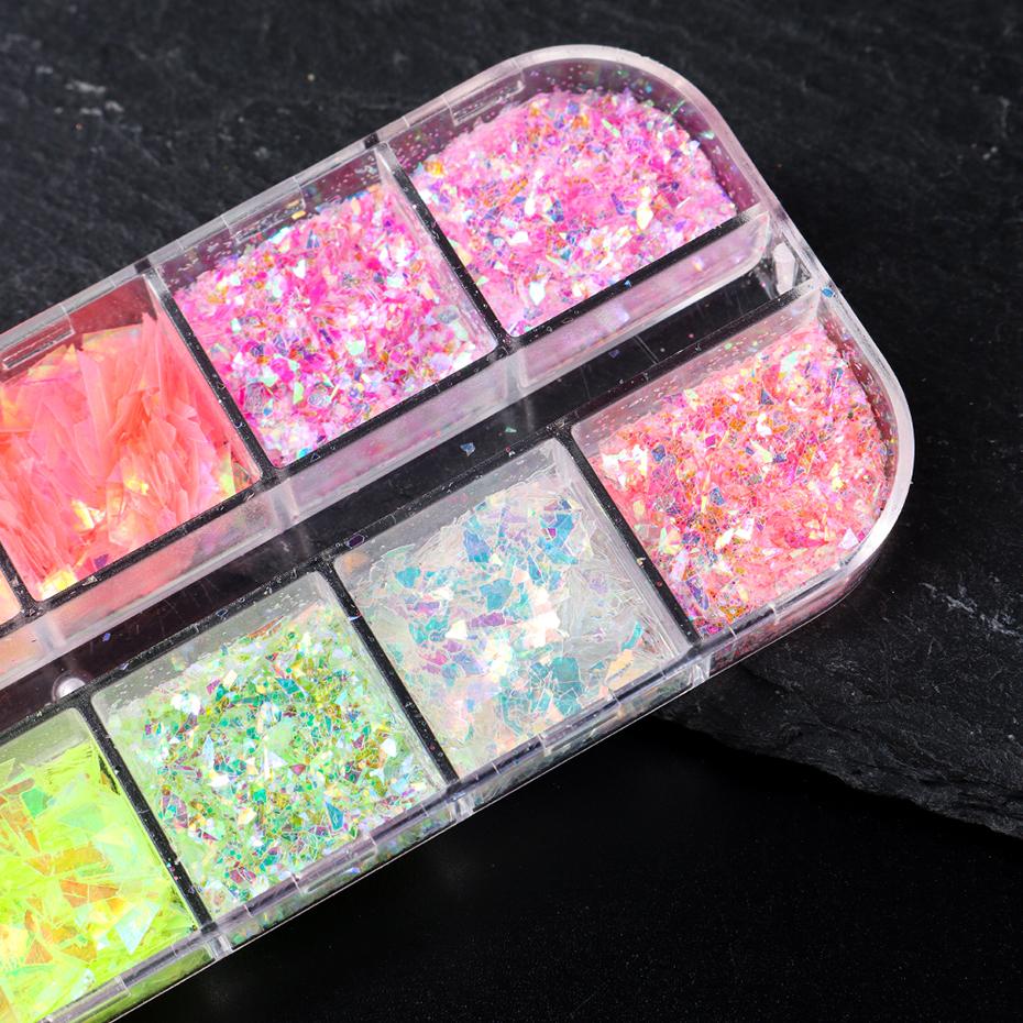12 Grids Aurora Chameleon Nail Glitter Flakes Irregular Crystal Glass Sequins Powder Shiny Mermaid Paillette Nail Art Decoration